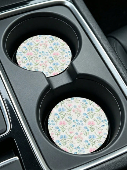 Fresh Floral Car Cup Holder Coaster Set| Non-Slip Car Cup Holder Mat| Girly Car Interior Decor| 2pcs Round Coasters (2.75 Inches)| Flower Design, Suitable For Home And Car| Ideal Holiday Birthday