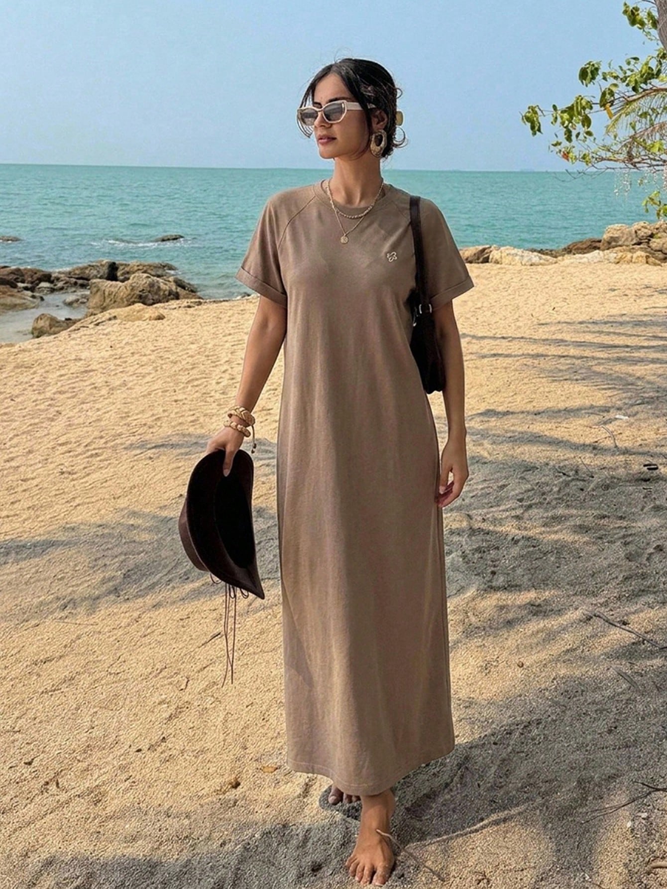 FRIFUL Women Brown Long Embroidered Graphic Print Summer Dress Sundress