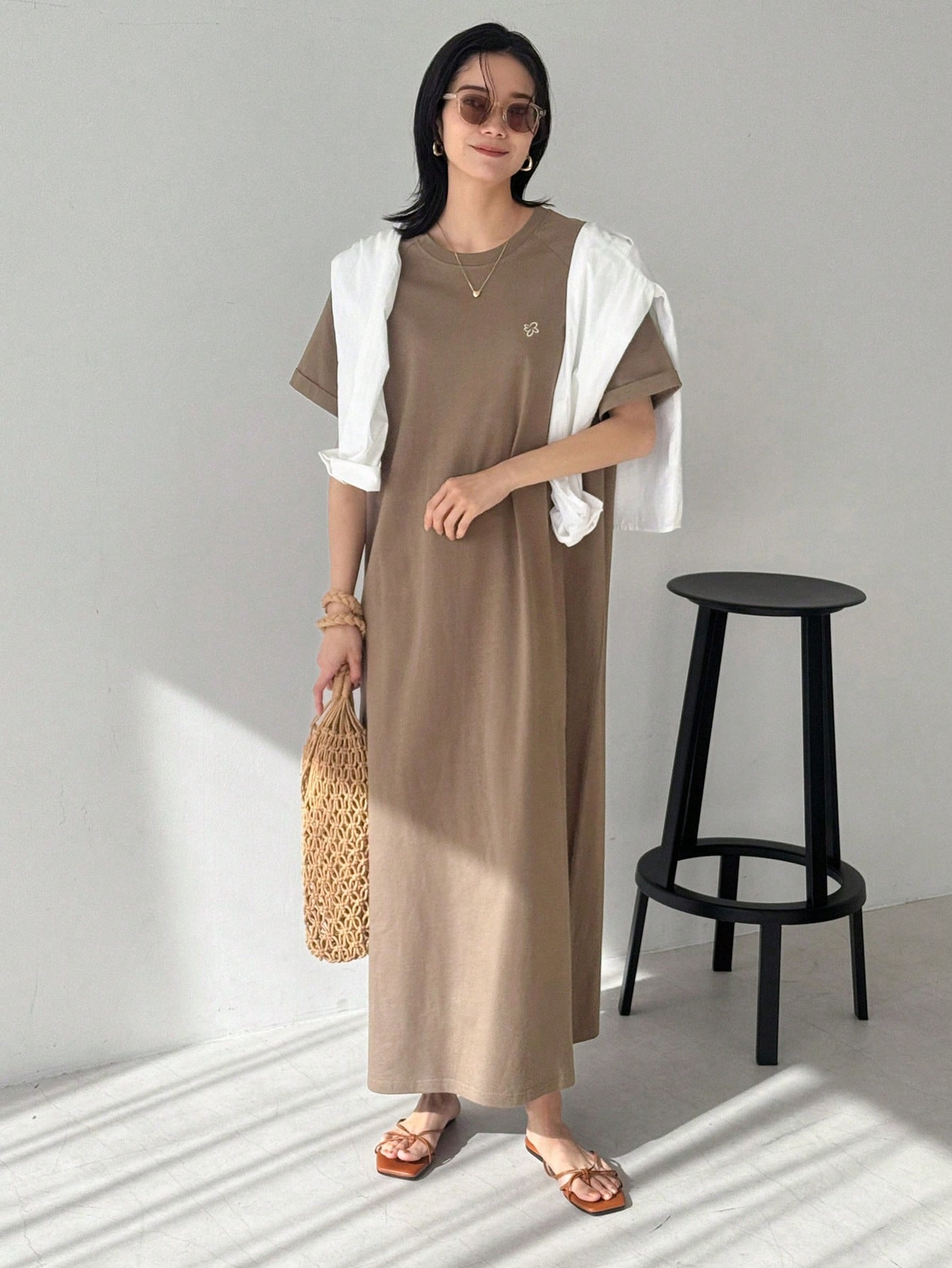 FRIFUL Women Brown Long Embroidered Graphic Print Summer Dress Sundress