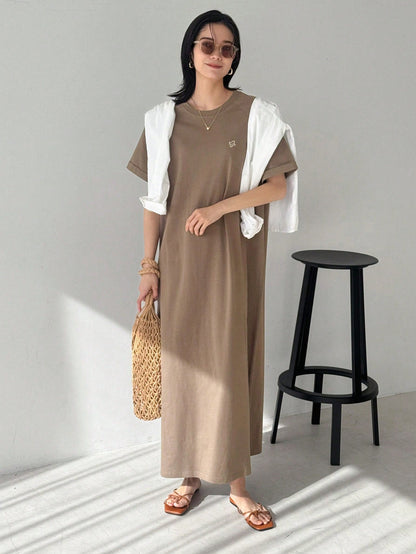 FRIFUL Women Brown Long Embroidered Graphic Print Summer Dress Sundress