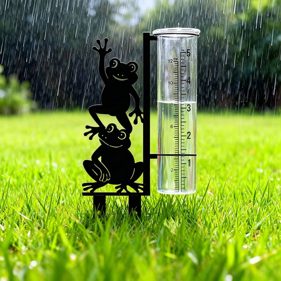 Frog Pattern Outdoor Rain Gauge (Includes Glass Measuring Cup), Large Capacity Metal Frame Rain Gauge, Suitable For Garden, Yard, Flower Pot, Patio And Lawn, Beautiful Stable And Durable Design