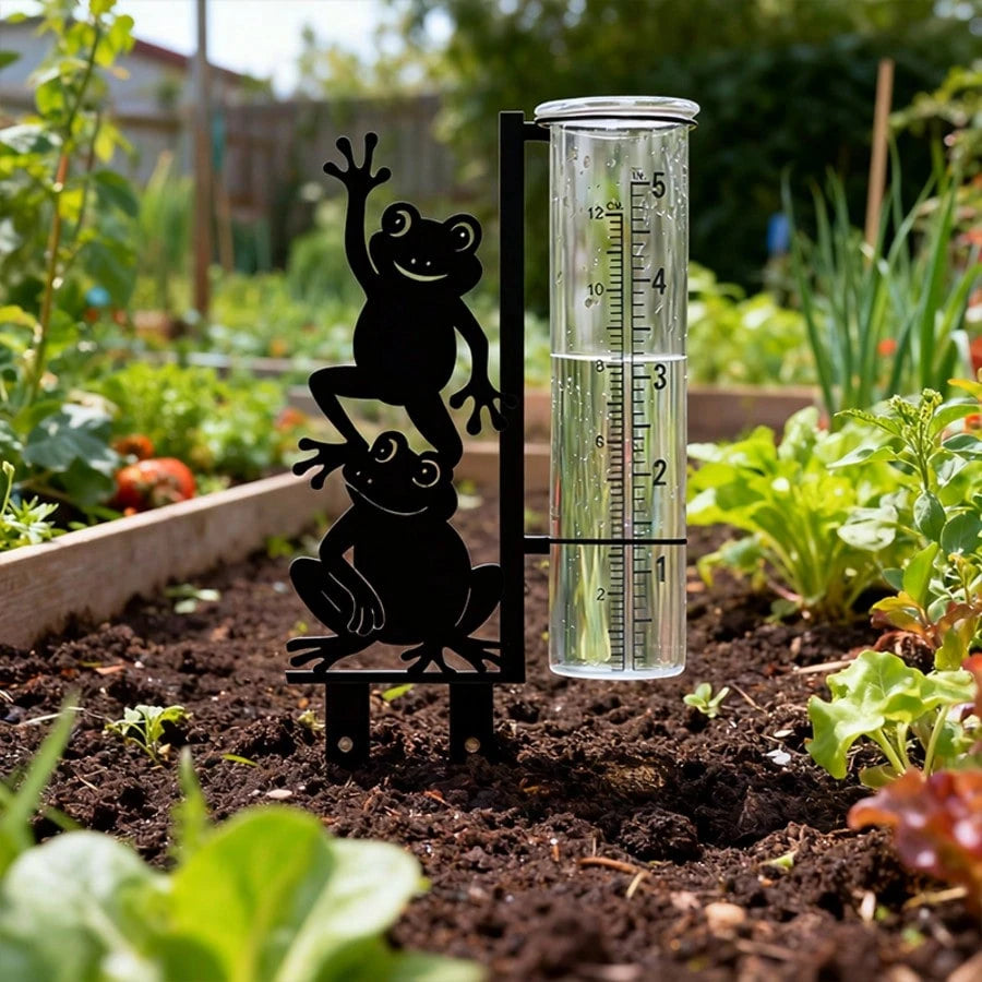 Frog Pattern Outdoor Rain Gauge (Includes Glass Measuring Cup), Large Capacity Metal Frame Rain Gauge, Suitable For Garden, Yard, Flower Pot, Patio And Lawn, Beautiful Stable And Durable Design