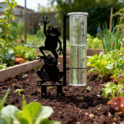 Frog Pattern Outdoor Rain Gauge (Includes Glass Measuring Cup), Large Capacity Metal Frame Rain Gauge, Suitable For Garden, Yard, Flower Pot, Patio And Lawn, Beautiful Stable And Durable Design