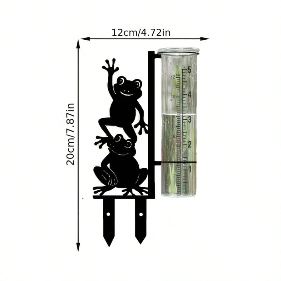Frog Pattern Outdoor Rain Gauge (Includes Glass Measuring Cup), Large Capacity Metal Frame Rain Gauge, Suitable For Garden, Yard, Flower Pot, Patio And Lawn, Beautiful Stable And Durable Design