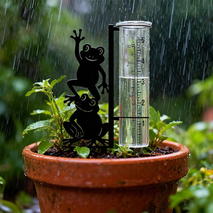 Frog Pattern Outdoor Rain Gauge (Includes Glass Measuring Cup), Large Capacity Metal Frame Rain Gauge, Suitable For Garden, Yard, Flower Pot, Patio And Lawn, Beautiful Stable And Durable Design