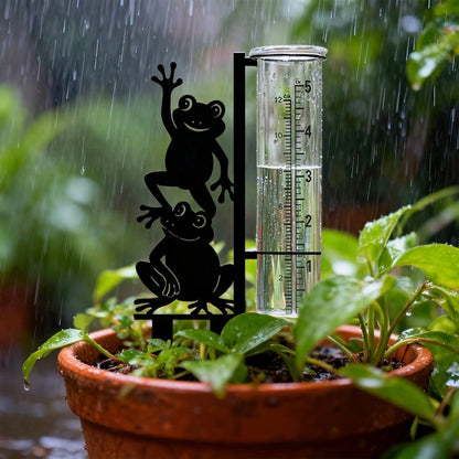 Frog Pattern Outdoor Rain Gauge (Includes Glass Measuring Cup), Large Capacity Metal Frame Rain Gauge, Suitable For Garden, Yard, Flower Pot, Patio And Lawn, Beautiful Stable And Durable Design