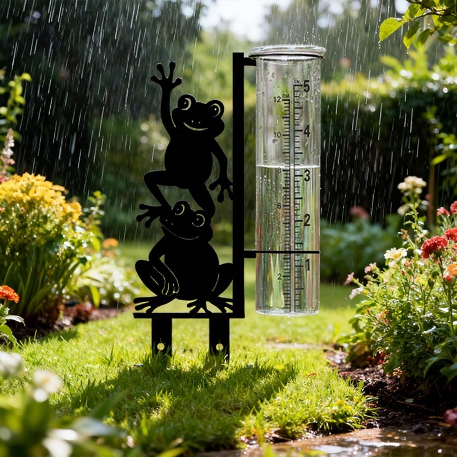 Frog Pattern Outdoor Rain Gauge (Includes Glass Measuring Cup), Large Capacity Metal Frame Rain Gauge, Suitable For Garden, Yard, Flower Pot, Patio And Lawn, Beautiful Stable And Durable Design