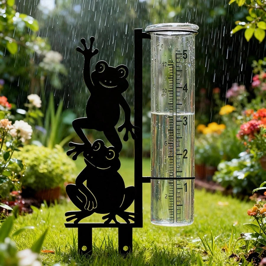 Frog Pattern Outdoor Rain Gauge (Includes Glass Measuring Cup), Large Capacity Metal Frame Rain Gauge, Suitable For Garden, Yard, Flower Pot, Patio And Lawn, Beautiful Stable And Durable Design