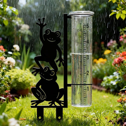 Frog Pattern Outdoor Rain Gauge (Includes Glass Measuring Cup), Large Capacity Metal Frame Rain Gauge, Suitable For Garden, Yard, Flower Pot, Patio And Lawn, Beautiful Stable And Durable Design