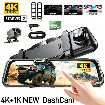 Front And Rear Mirror Dash Camera, Featuring A Rearview Mirror Camera With A TF Card, A 9.66-Inch 4K IPS Touchscreen, Loop Recording, Wide Angles Of 170° And 140°, Night Vision, G-Sensor, And An AHD B