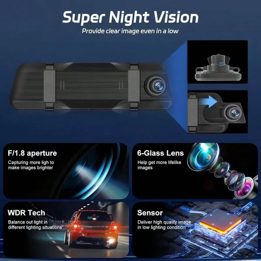 Front And Rear Mirror Dash Camera, Featuring A Rearview Mirror Camera With A TF Card, A 9.66-Inch 4K IPS Touchscreen, Loop Recording, Wide Angles Of 170° And 140°, Night Vision, G-Sensor, And An AHD B