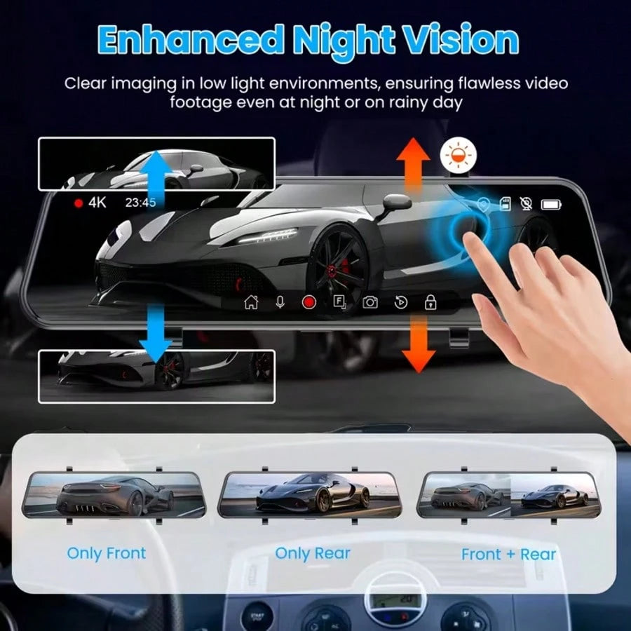 Front And Rear Mirror Dash Camera, Featuring A Rearview Mirror Camera With A TF Card, A 9.66-Inch 4K IPS Touchscreen, Loop Recording, Wide Angles Of 170° And 140°, Night Vision, G-Sensor, And An AHD B