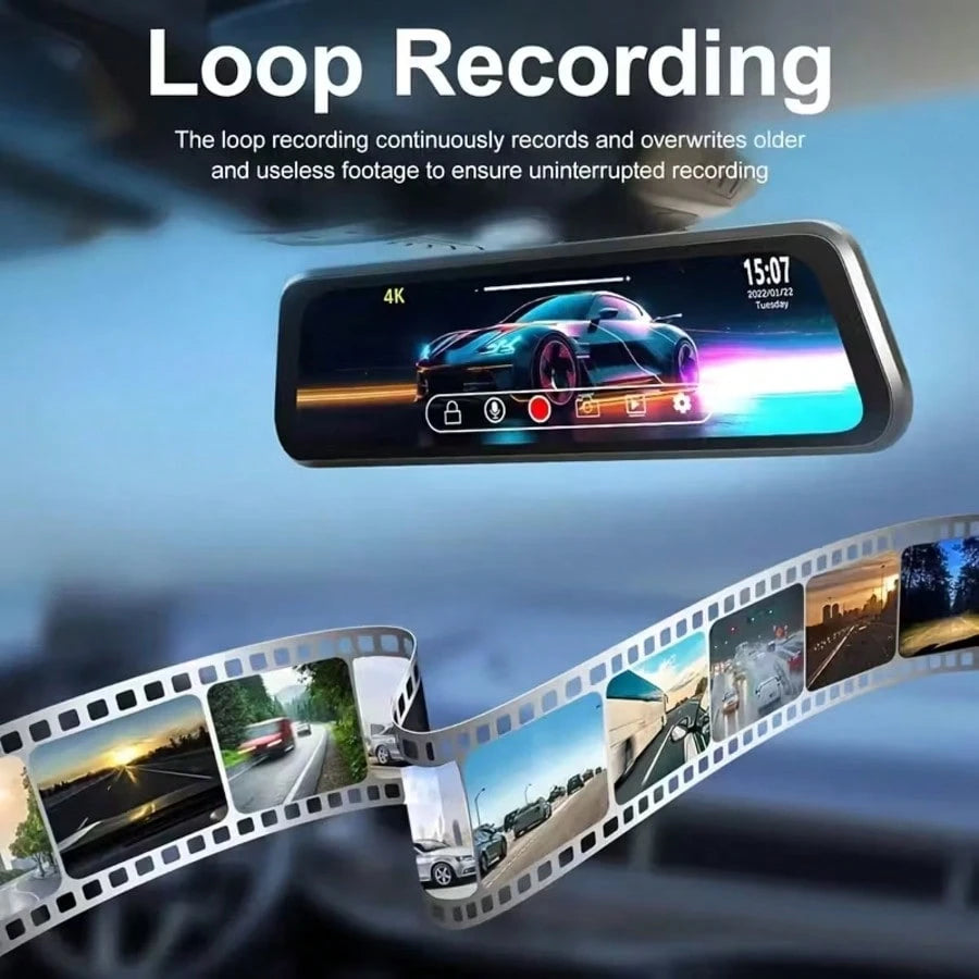 Front And Rear Mirror Dash Camera, Featuring A Rearview Mirror Camera With A TF Card, A 9.66-Inch 4K IPS Touchscreen, Loop Recording, Wide Angles Of 170° And 140°, Night Vision, G-Sensor, And An AHD B