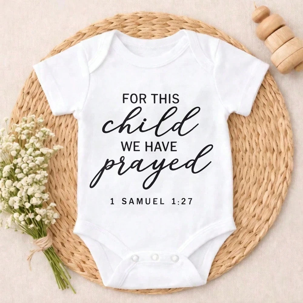 Funny Baby Bodysuit With For This Child We Have Prayed Print Short Sleeve Romper Newborn Baby Boy Clothes Ultra-Soft Cotton Playtime Clothes Round Neck Snap Buttons Soft Newborn & Infant Unisex Jumpsu