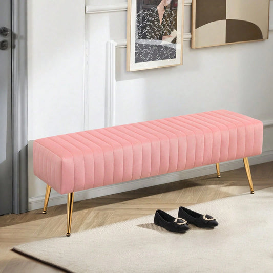 FURNIMART Fumahome Tufted Ottoman Bench With Golden Legs Modern Rectangular Bedroom Bench Luxurious Velvet Upholstered End Of Bed Bench Ottoman Footrest For Living Room Bedroom Entryway