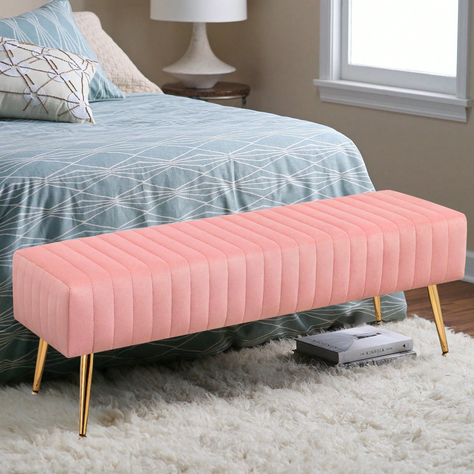 FURNIMART Fumahome Tufted Ottoman Bench With Golden Legs Modern Rectangular Bedroom Bench Luxurious Velvet Upholstered End Of Bed Bench Ottoman Footrest For Living Room Bedroom Entryway