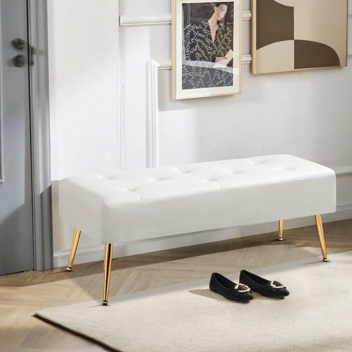 FURNIMART Fumahome Tufted Ottoman Bench With Golden Legs Modern Rectangular Bedroom Bench Luxurious Velvet Upholstered End Of Bed Bench Ottoman Footrest For Living Room Bedroom Entryway