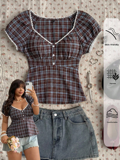 GalTyme Plus Size Casual Plaid Short Sleeve Shirt,Blue And White,Summer,1920s Flapper,Everyday,Chic Y2k Business Party Wedding Beach Fashion Top
