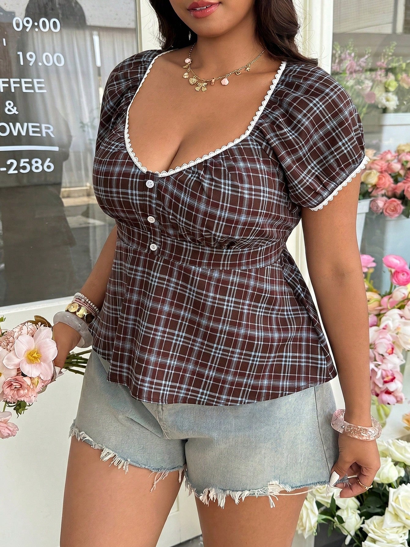 GalTyme Plus Size Casual Plaid Short Sleeve Shirt,Blue And White,Summer,1920s Flapper,Everyday,Chic Y2k Business Party Wedding Beach Fashion Top