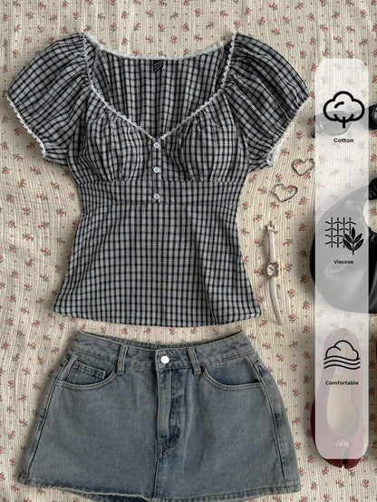 GalTyme Plus Size Casual Plaid Short Sleeve Shirt,Blue And White,Summer,1920s Flapper,Everyday,Chic Y2k Business Party Wedding Beach Fashion Top