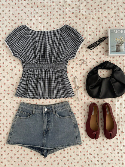 GalTyme Plus Size Casual Plaid Short Sleeve Shirt,Blue And White,Summer,1920s Flapper,Everyday,Chic Y2k Business Party Wedding Beach Fashion Top