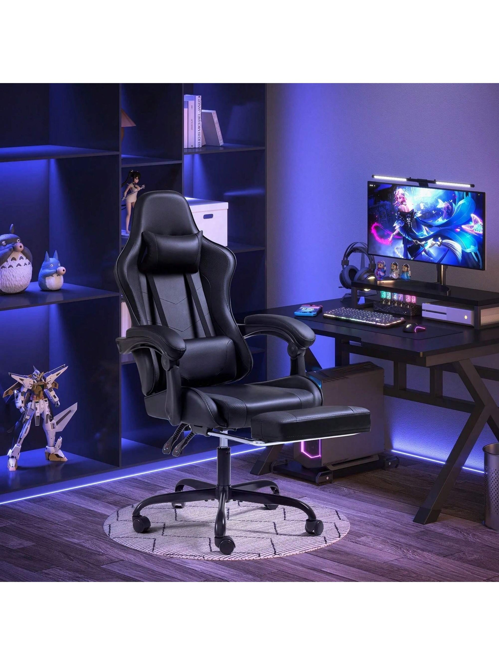 Gaming Chair, Video Game Chair With Footrest And Massage Lumbar Support, Ergonomic Computer Chair Height Adjustable With Swivel Seat And Headrest