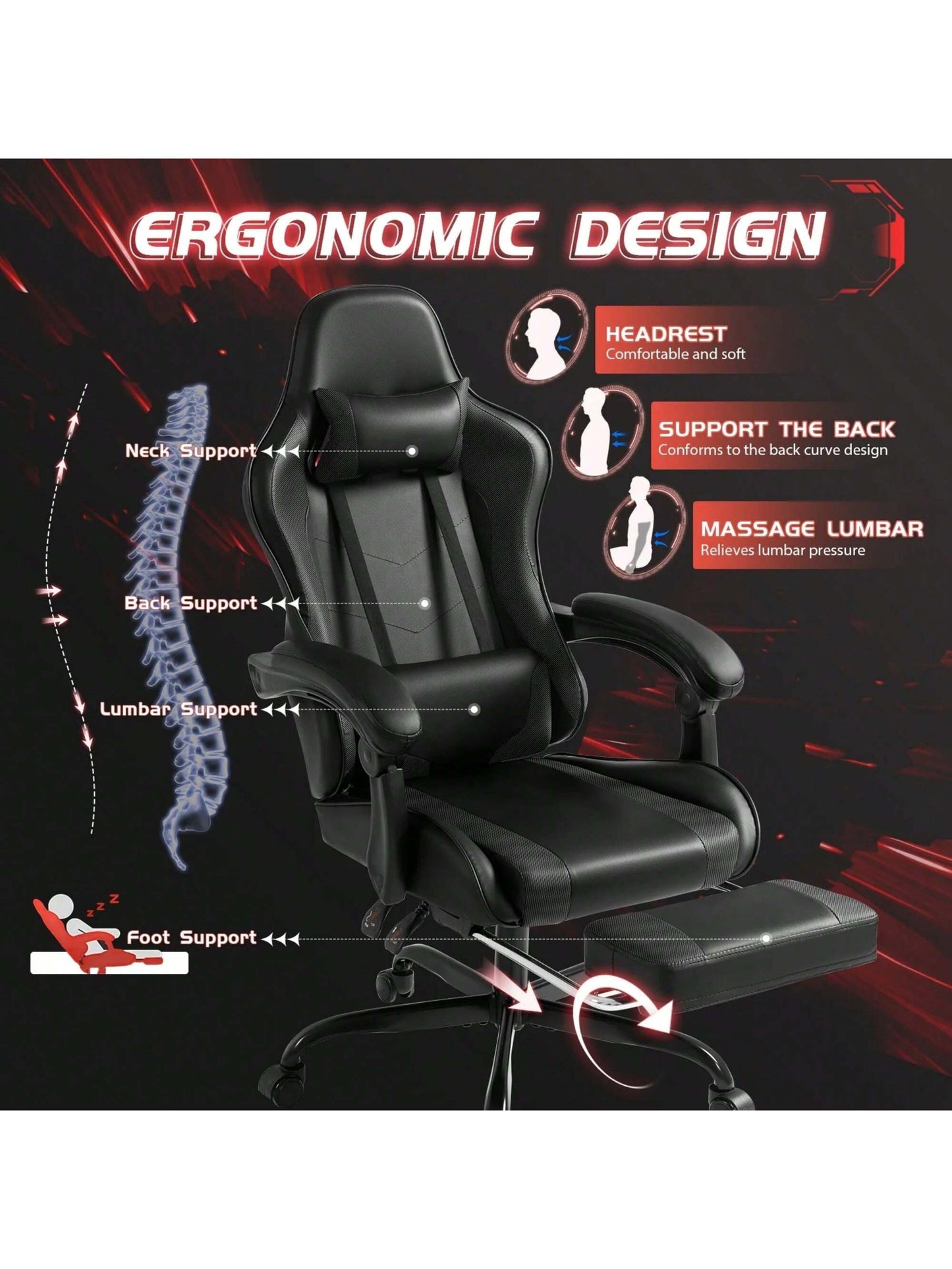 Gaming Chair, Video Game Chair With Footrest And Massage Lumbar Support, Ergonomic Computer Chair Height Adjustable With Swivel Seat And Headrest
