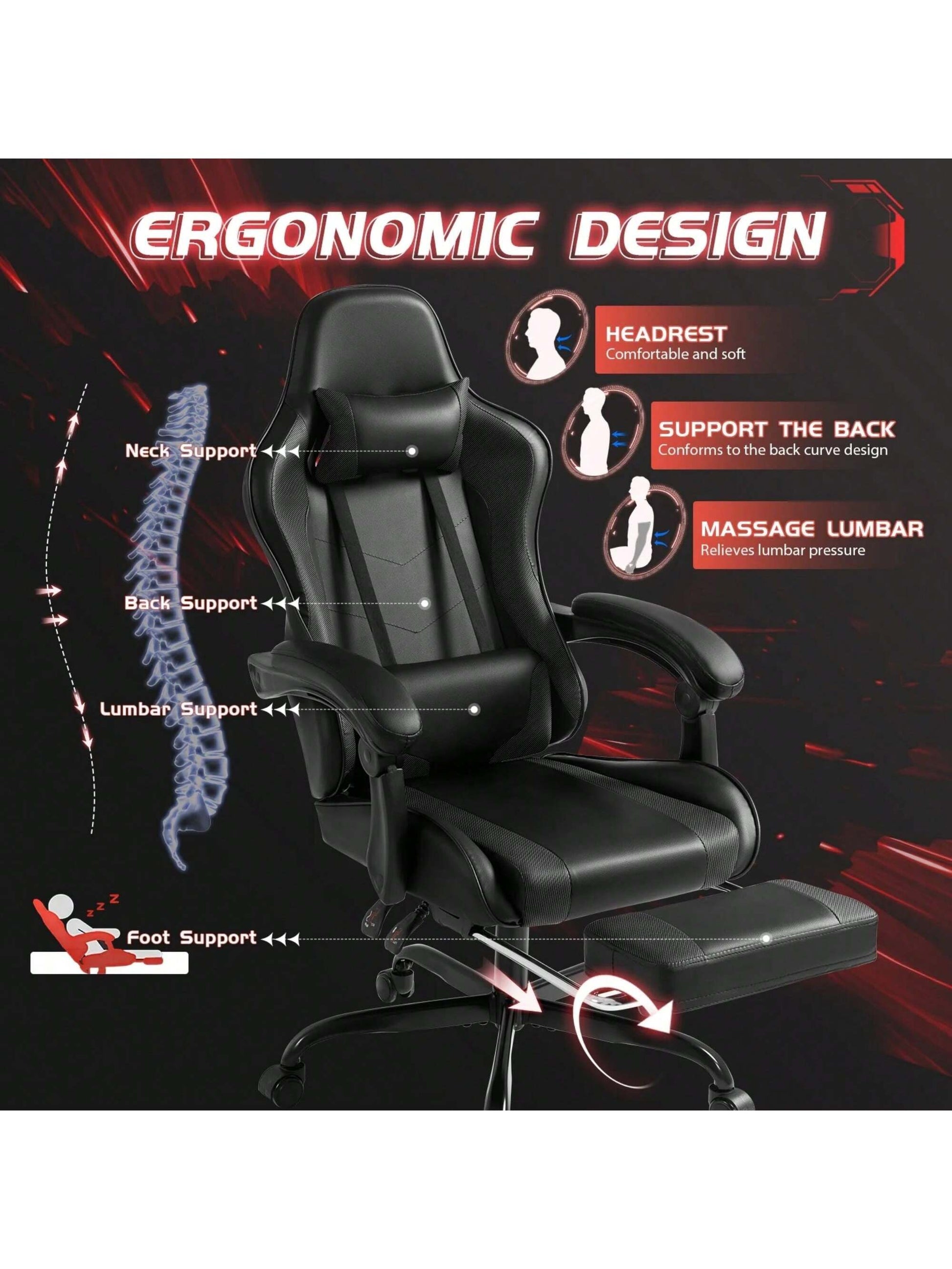 Gaming Chair, Video Game Chair With Footrest And Massage Lumbar Support, Ergonomic Computer Chair Height Adjustable With Swivel Seat And Headrest