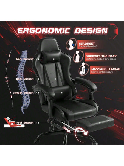 Gaming Chair, Video Game Chair With Footrest And Massage Lumbar Support, Ergonomic Computer Chair Height Adjustable With Swivel Seat And Headrest