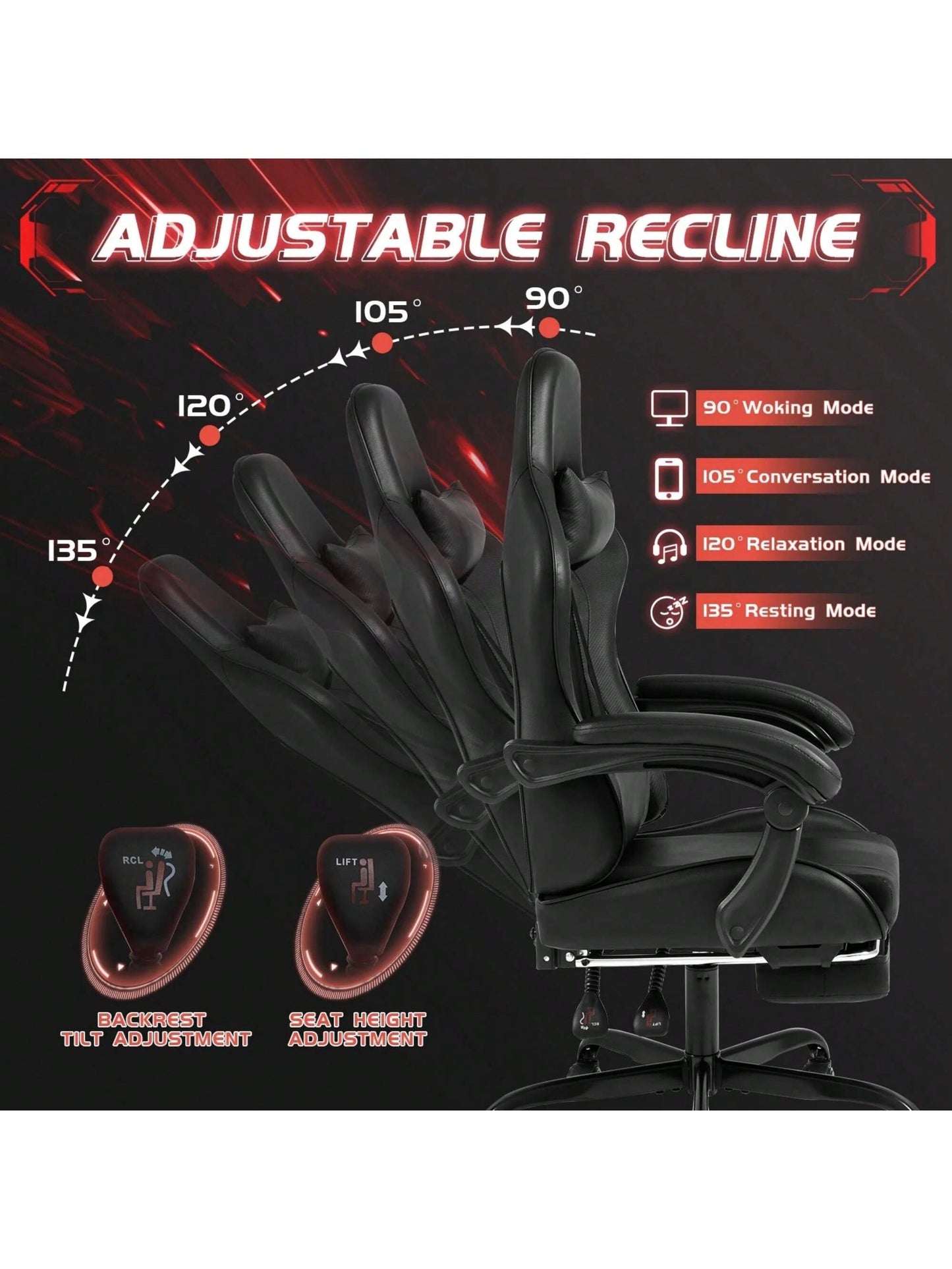 Gaming Chair, Video Game Chair With Footrest And Massage Lumbar Support, Ergonomic Computer Chair Height Adjustable With Swivel Seat And Headrest