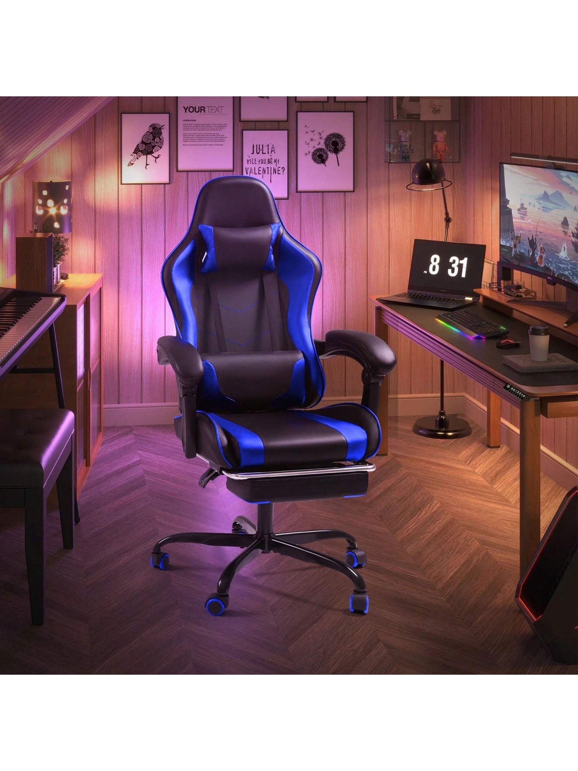 Gaming Chair, Video Game Chair With Footrest And Massage Lumbar Support, Ergonomic Computer Chair Height Adjustable With Swivel Seat And Headrest