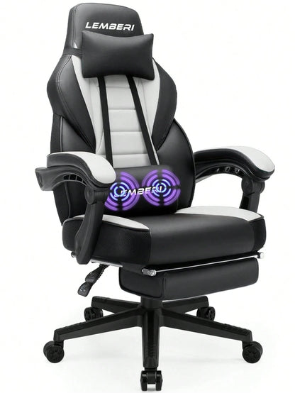 Gaming Chair With Massage, Ergonomic Heavy Duty Design, Gamer Chair With Footrest And Lumbar Support, High Back Office Chair, Big And Tall Gaming Computer Chair, Black+White