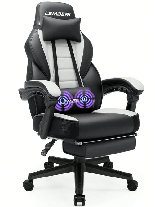 Gaming Chair With Massage, Ergonomic Heavy Duty Design, Gamer Chair With Footrest And Lumbar Support, High Back Office Chair, Big And Tall Gaming Computer Chair, Black+White