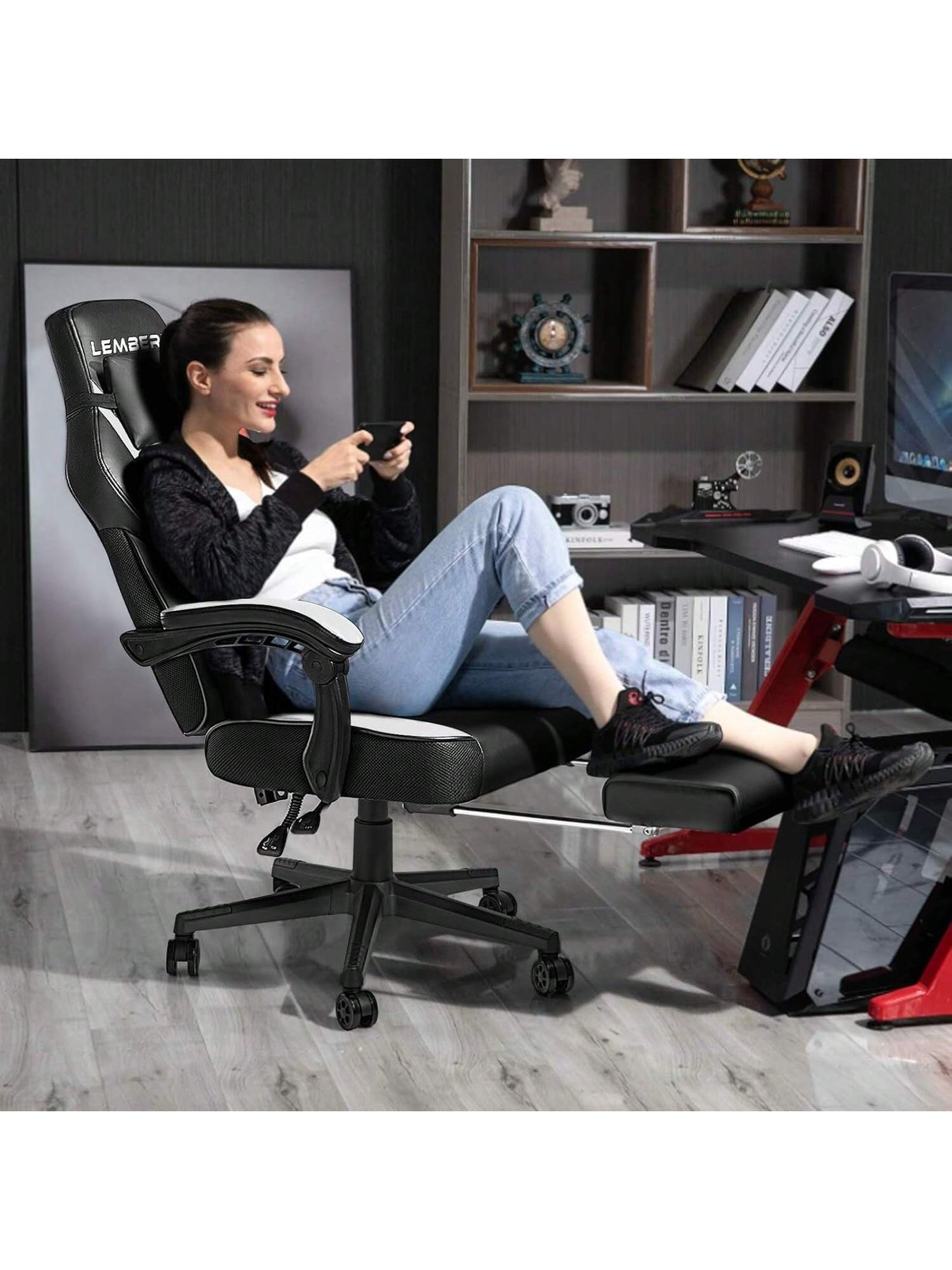 Gaming Chair With Massage, Ergonomic Heavy Duty Design, Gamer Chair With Footrest And Lumbar Support, High Back Office Chair, Big And Tall Gaming Computer Chair, Black+White