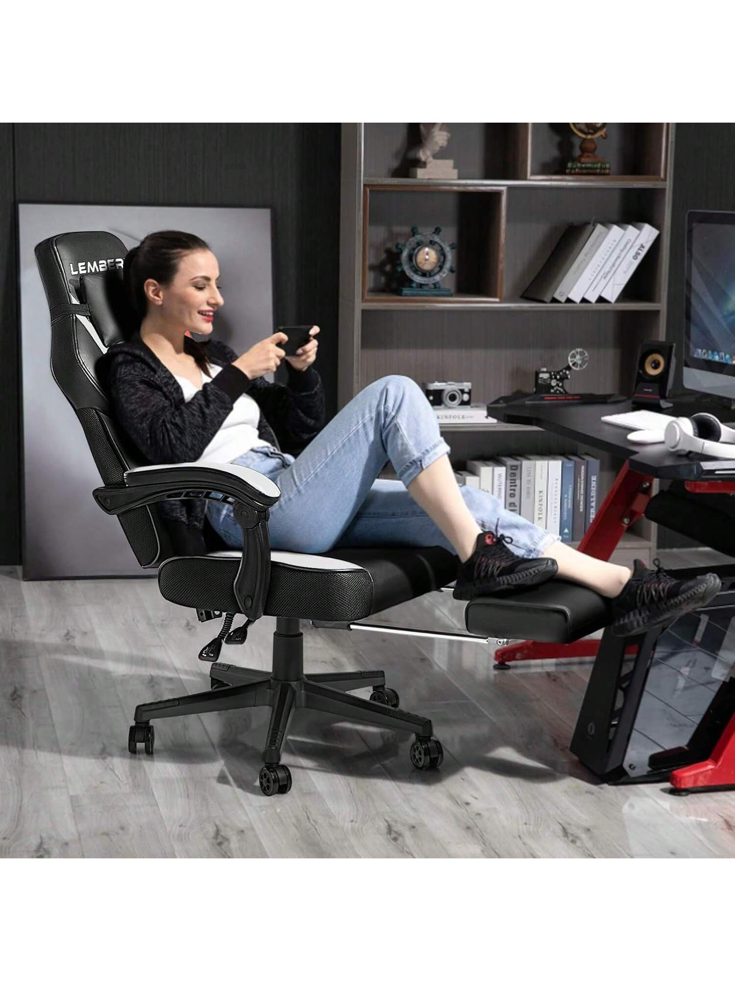 Gaming Chair With Massage, Ergonomic Heavy Duty Design, Gamer Chair With Footrest And Lumbar Support, High Back Office Chair, Big And Tall Gaming Computer Chair, Black+White