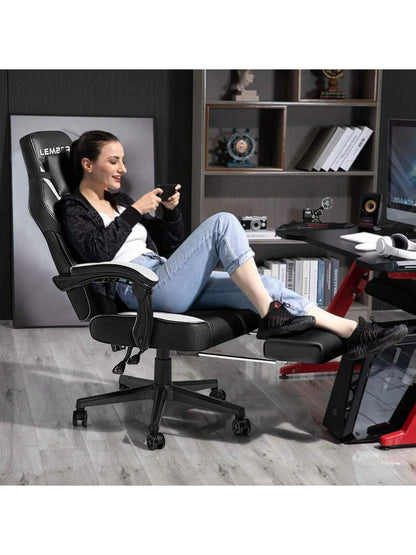 Gaming Chair With Massage, Ergonomic Heavy Duty Design, Gamer Chair With Footrest And Lumbar Support, High Back Office Chair, Big And Tall Gaming Computer Chair, Black+White