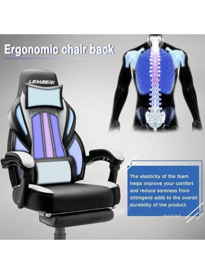 Gaming Chair With Massage, Ergonomic Heavy Duty Design, Gamer Chair With Footrest And Lumbar Support, High Back Office Chair, Big And Tall Gaming Computer Chair, Black+White