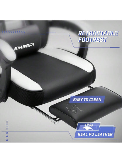 Gaming Chair With Massage, Ergonomic Heavy Duty Design, Gamer Chair With Footrest And Lumbar Support, High Back Office Chair, Big And Tall Gaming Computer Chair, Black+White