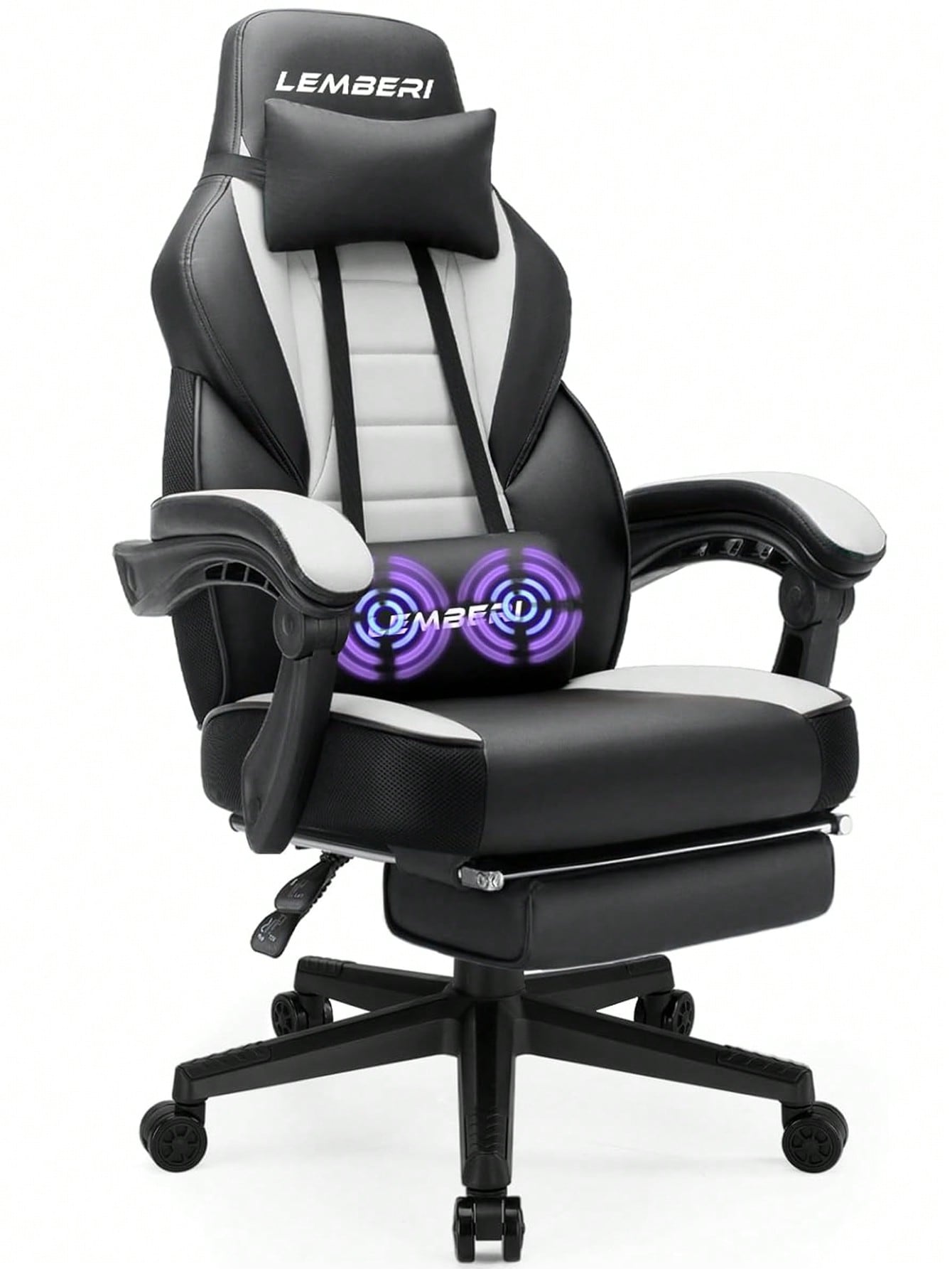 Gaming Chair With Massage, Ergonomic Heavy Duty Design, Gamer Chair With Footrest And Lumbar Support, High Back Office Chair, Big And Tall Gaming Computer Chair, Black+White