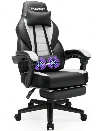 Gaming Chair With Massage, Ergonomic Heavy Duty Design, Gamer Chair With Footrest And Lumbar Support, High Back Office Chair, Big And Tall Gaming Computer Chair, Black+White