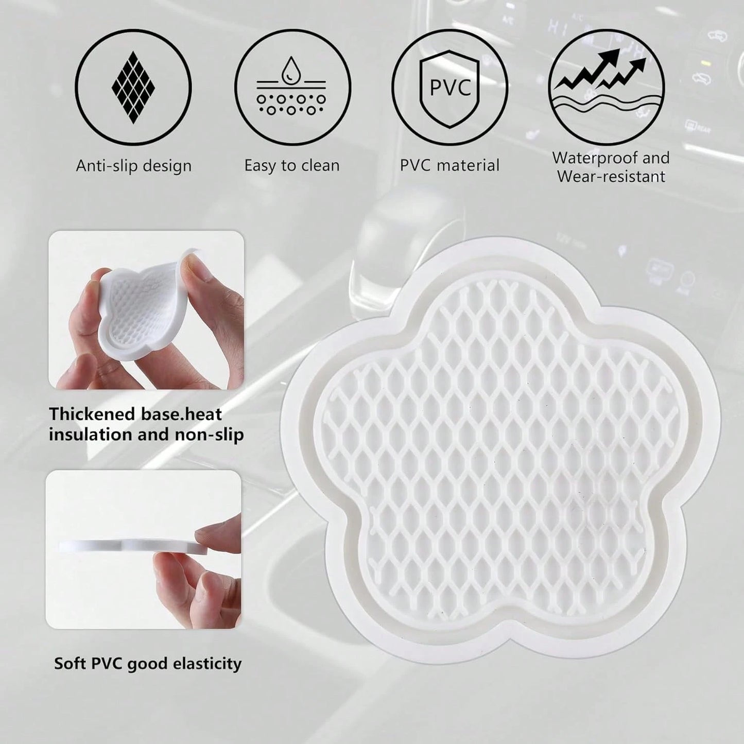 GaRhomxy Car Cup Holder Coaster, Universal Non-Slip Recessed Flower Shaped Cup Holders, Cute Car Accessories Interior For Women And Man Interior Sets 4 Pack (White)