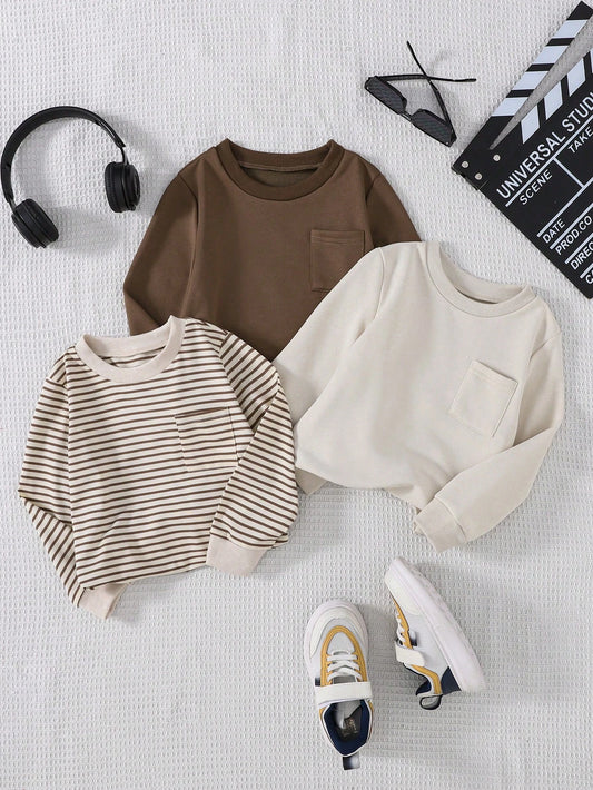 Genkimix Kids 3pcs/Set Young Boy Simple Round Neck Sweatshirt, Casual Autumn