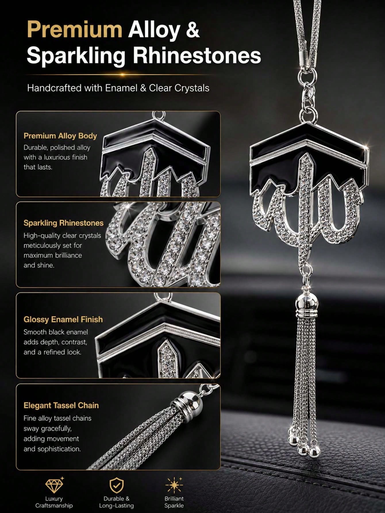 Geometric Diamond Tassel Car Rearview Mirror Hanging Ornament, Alloy Tassel Pendant With Rhinestones, Elegant Middle Eastern Style Car Interior Decoration Gift, Luxurious Islamic Style Car Rearview Mi