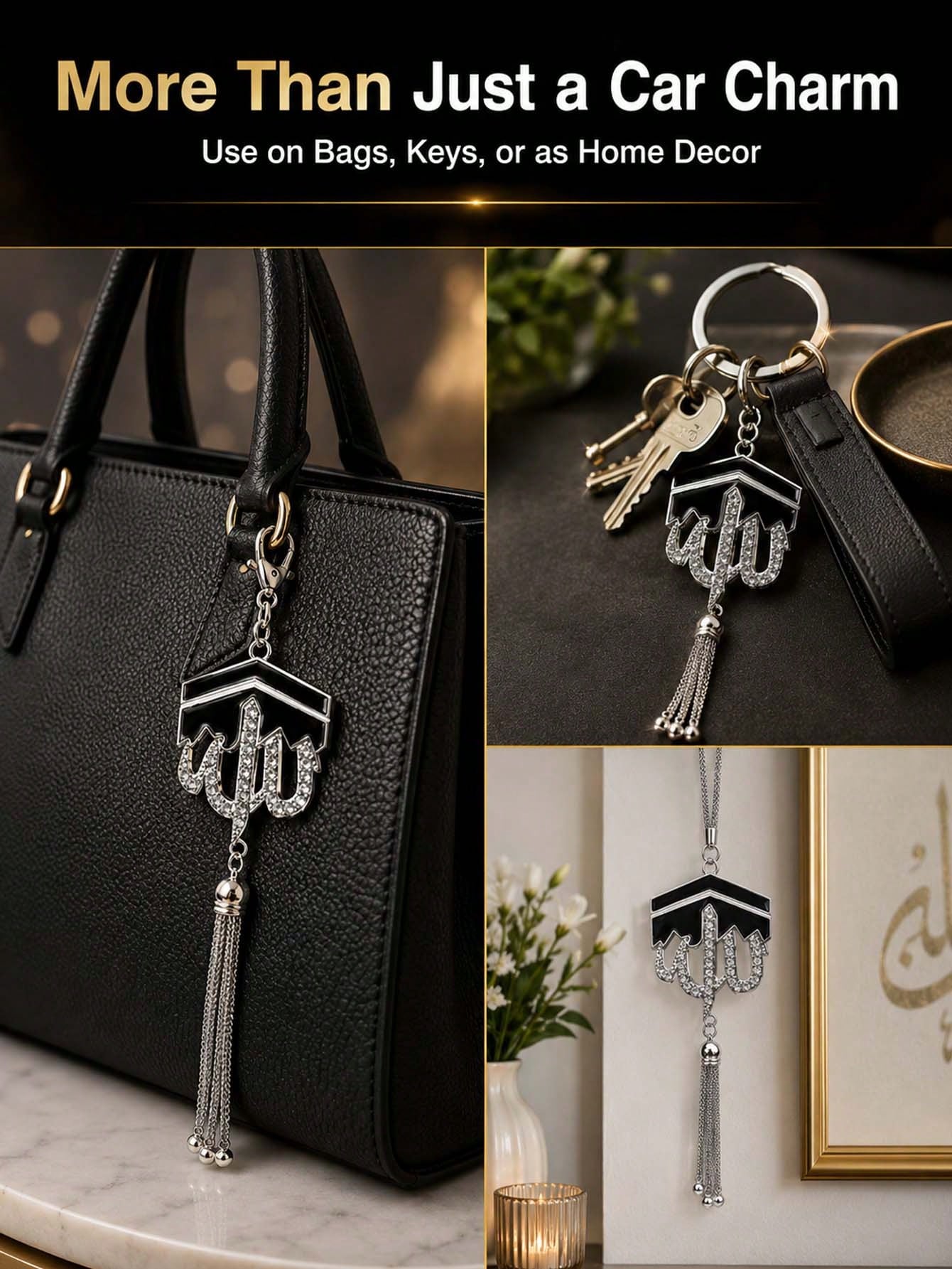 Geometric Diamond Tassel Car Rearview Mirror Hanging Ornament, Alloy Tassel Pendant With Rhinestones, Elegant Middle Eastern Style Car Interior Decoration Gift, Luxurious Islamic Style Car Rearview Mi