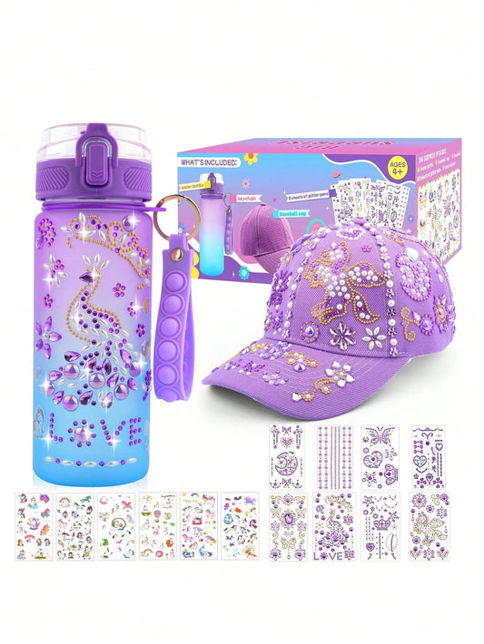 Gifts For Girls 4-12, Decorate Your Own Water Bottle And Baseball Cap Kit For Girls, Christmas Birthday Gifts Toy Age 5 6 7 8 9, DIY Fun Arts And Crafts For Kids 4-6-8-10 With 14 Sheets Cute Stickers