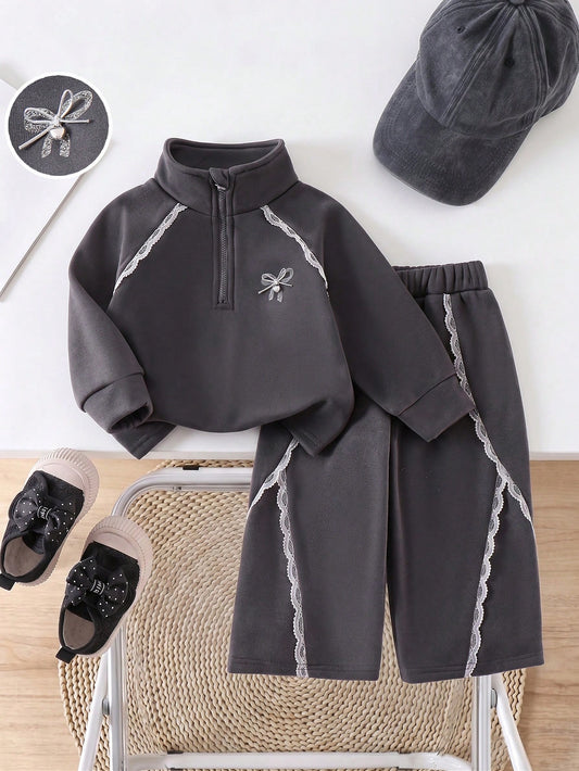 Girls 2-Piece Set, Dark Gray Half-Zip Stand Collar Sweatshirt With Exquisite Lace Trim + Matching Side Lace Flared Pants, Rhinestone Bow & Graphic Print With 3D Tie Bow Design, 2026 Fashion New Style