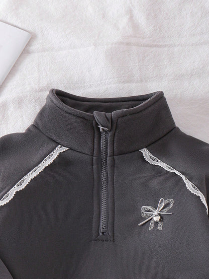 Girls 2-Piece Set, Dark Gray Half-Zip Stand Collar Sweatshirt With Exquisite Lace Trim + Matching Side Lace Flared Pants, Rhinestone Bow & Graphic Print With 3D Tie Bow Design, 2026 Fashion New Style