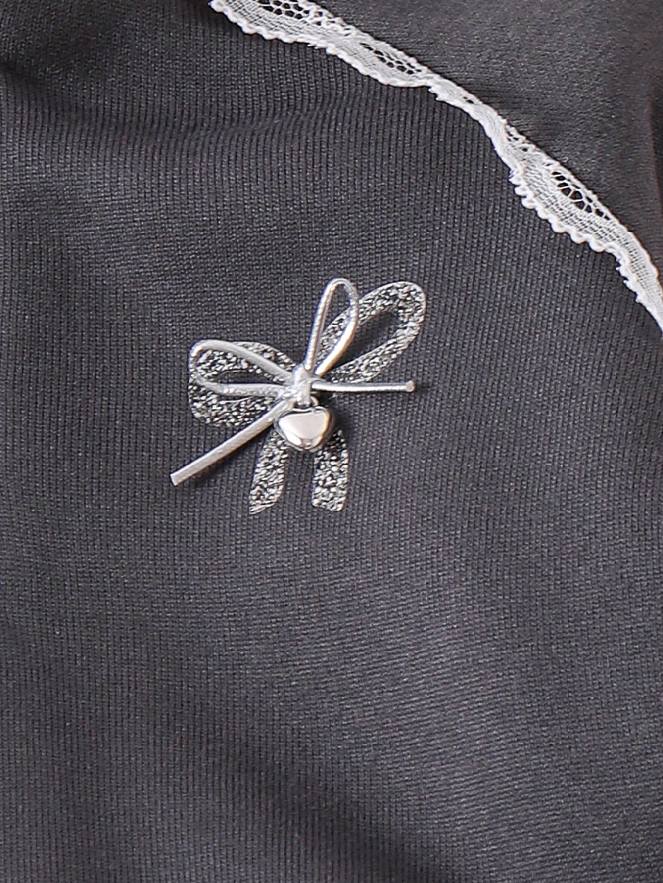 Girls 2-Piece Set, Dark Gray Half-Zip Stand Collar Sweatshirt With Exquisite Lace Trim + Matching Side Lace Flared Pants, Rhinestone Bow & Graphic Print With 3D Tie Bow Design, 2026 Fashion New Style