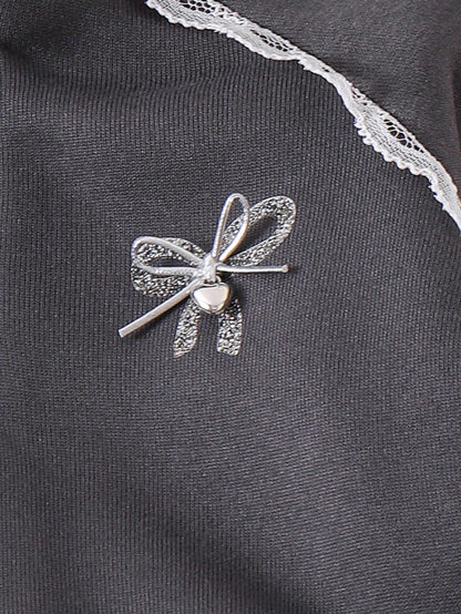 Girls 2-Piece Set, Dark Gray Half-Zip Stand Collar Sweatshirt With Exquisite Lace Trim + Matching Side Lace Flared Pants, Rhinestone Bow & Graphic Print With 3D Tie Bow Design, 2026 Fashion New Style