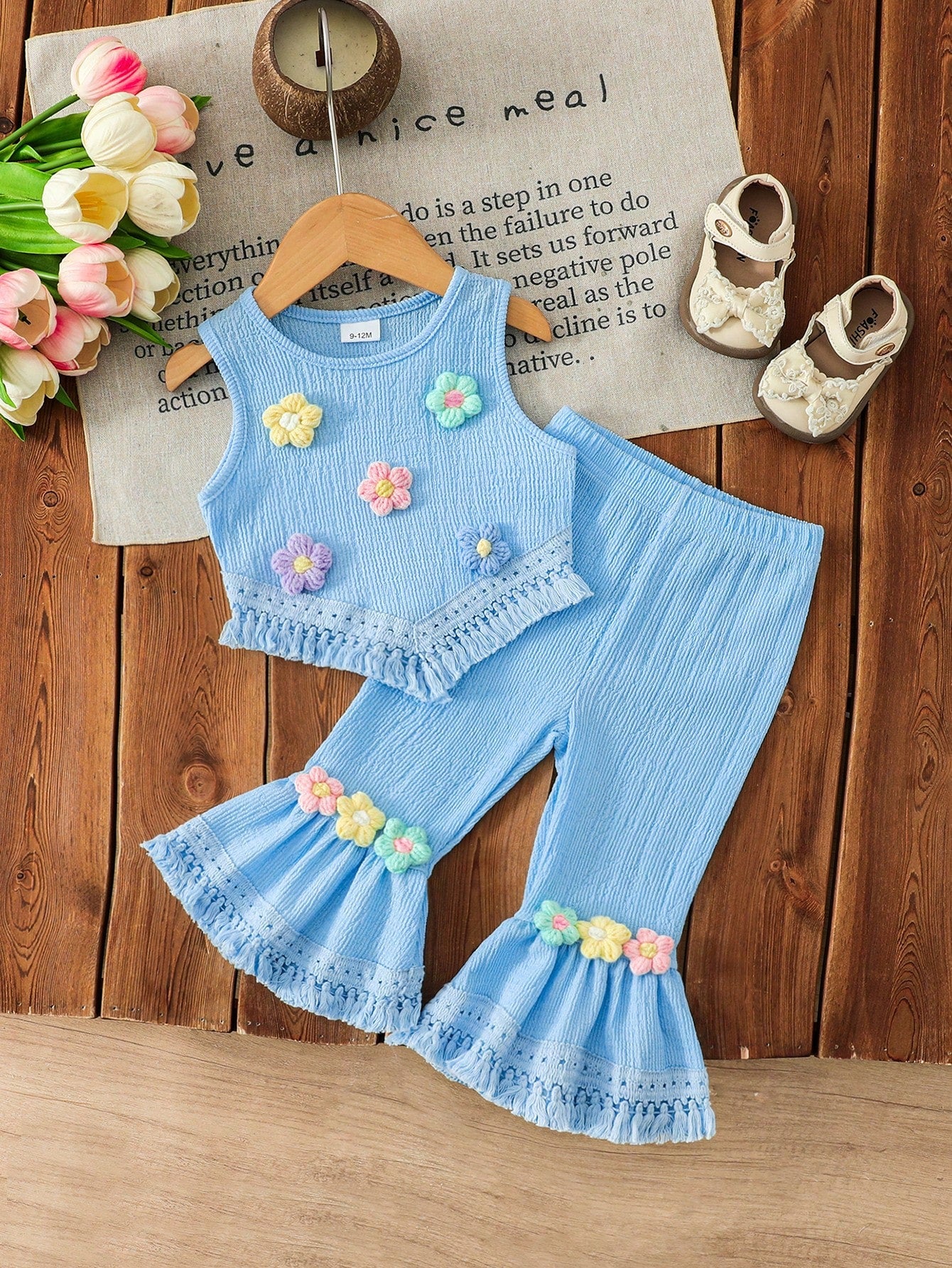 Girls Bubble Chiffon Floral Applique Hem Fringe Vest Top And Flare Leg Fringe Hem Pants 2 Pieces Set